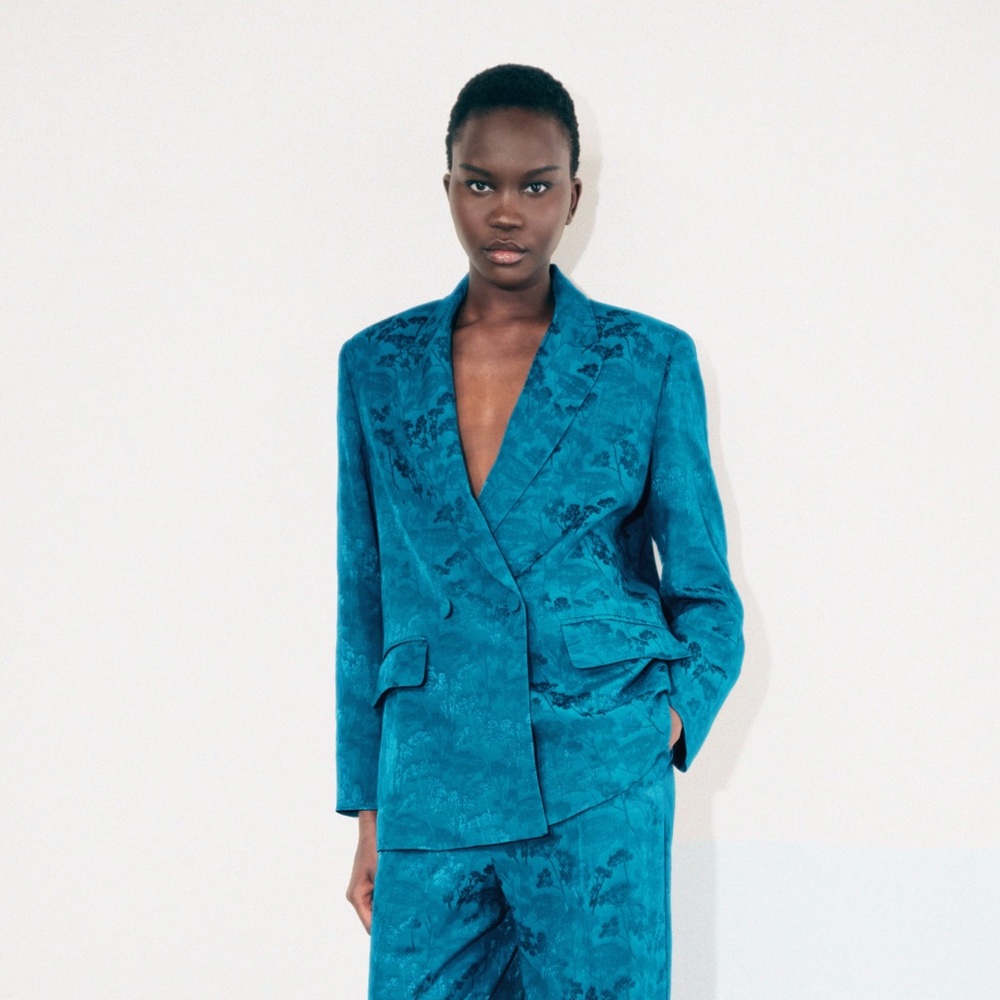 NWT Zara Blue Oversized Double Breasted Satin Floral Blazer XS